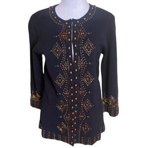 Chico's Black‎ Cotton Sweater with Gold & Brown Beading Detail Size 8 NWOT